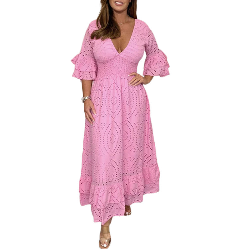 Damen Midikleid V-Ausschnitt mit hoher Taille | Bestickte Ärmel, elastischer Bund | Luftig aus Baumwolle | Elegant &amp; Alltag