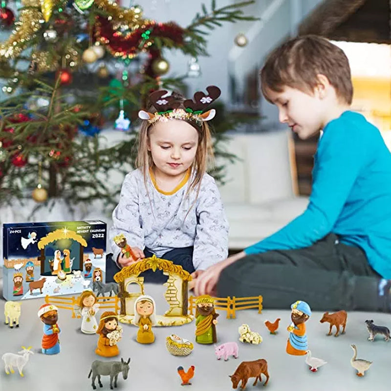 Krippen Adventskalender mit 24 Spielfiguren | Weihnachtskalender mit Krippenfiguren aus Kunststoff für Kinder und Familien