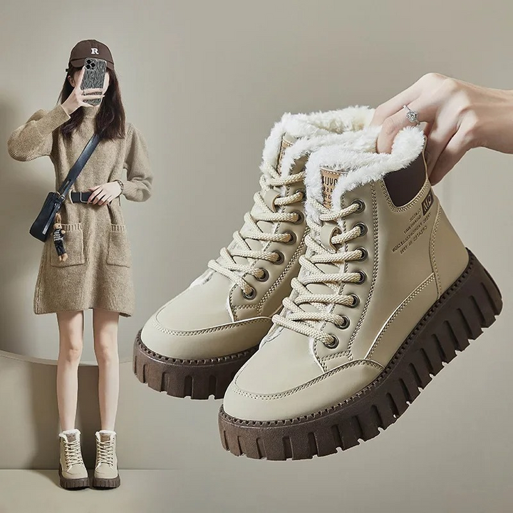 Damen Winterstiefel mit dickem Fellfutter | Warme Schnürstiefel mit rutschfester Profilsohle in Schwarz und Khaki für kalte Tage