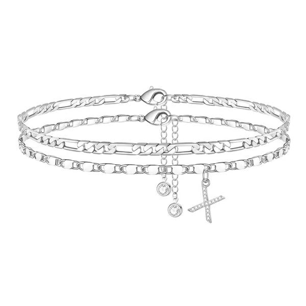 Chaîne de cheville lettres multicouches et réglable | Hypoallergénique, sans nickel ni plomb | Or/argent | 21,5 cm + 5 cm