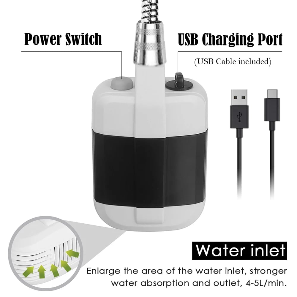 Kompakte Campingdusche mit Akku &amp; 1-Knopf-Bedienung | 4–5 L/min Wasserfluss | USB-aufladbar 2200 mAh | Für Camping, Auto &amp; Haustiere