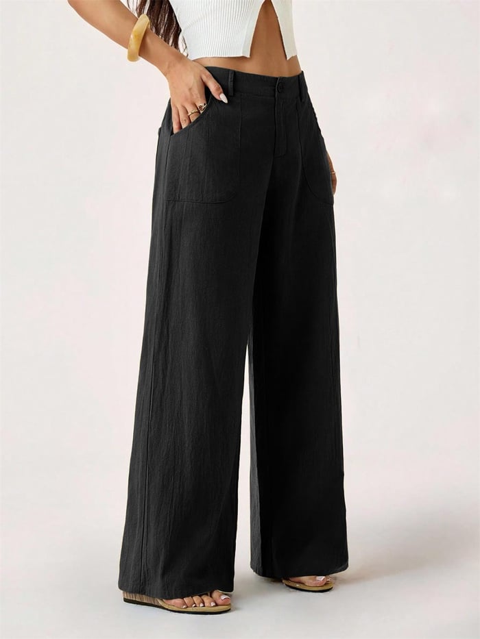 Damen Palazzo Hose aus Baumwoll-Leinen | High Waist Sommerhose mit Weitem Bein &amp; Taschen | Luftig &amp; Bequem