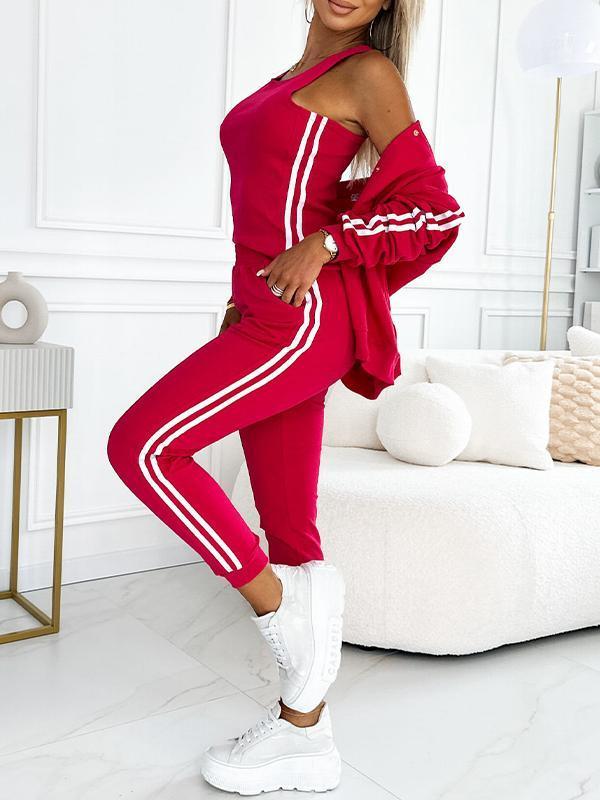 Damen 3-teiliges Set mit Baseballjacke, Racerback Top &amp; Jogginghose | Wärmend &amp; atmungsaktiv | Seitenstreifen Look | S–5XL