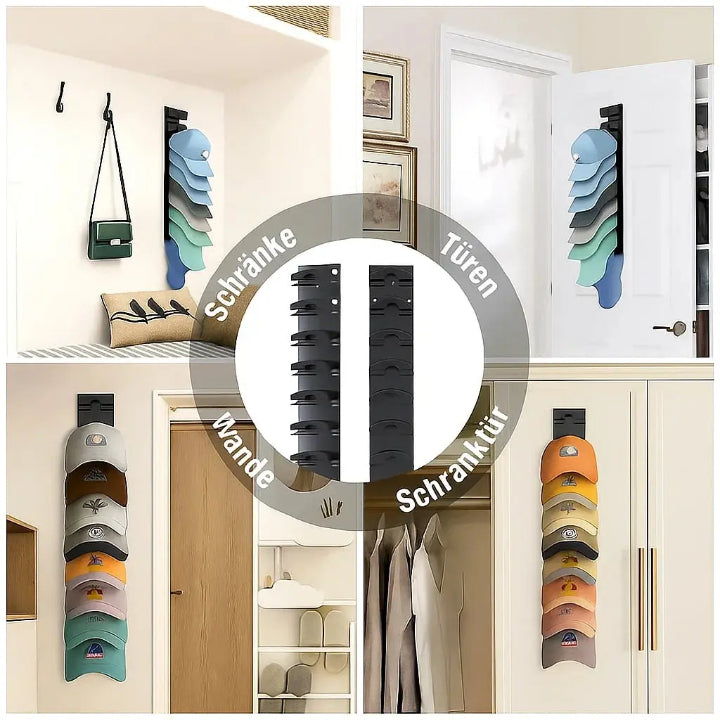 Cap Organizer Wandhalter für bis zu 10 Caps | Selbstklebender Kappenhalter ohne Bohren | Platzsparende Aufbewahrung | Schwarzes Design