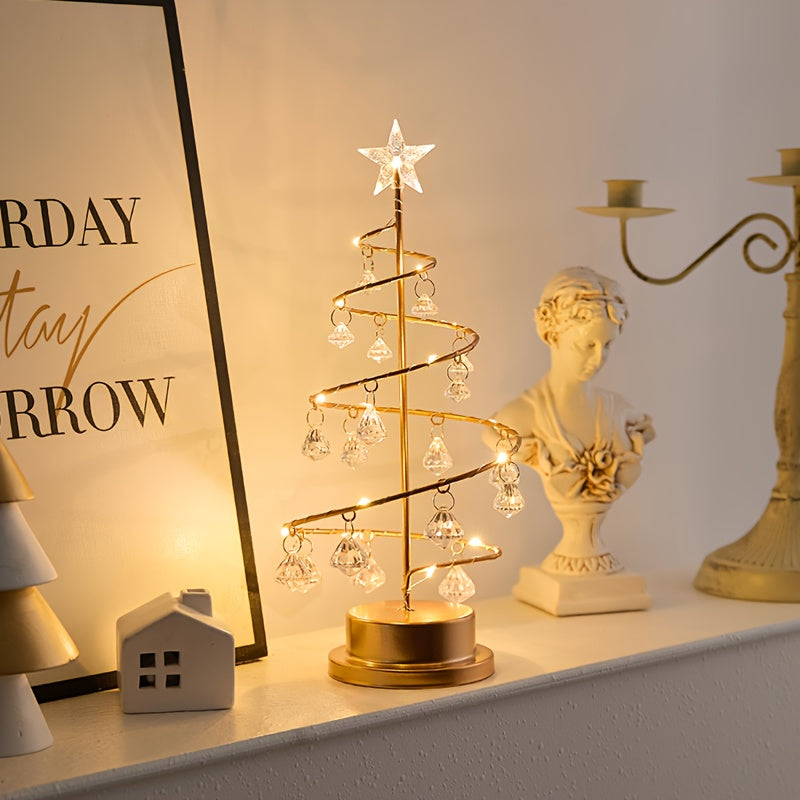 Beleuchteter Weihnachtsbaum mit Kristallanhängern | Warmweißer Deko-Baum aus Metall in Spiralform für Tisch und Regal