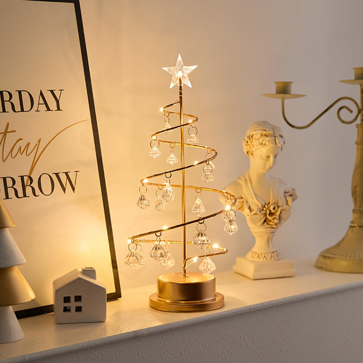 Beleuchteter Weihnachtsbaum mit Kristallanhängern | Warmweißer Deko-Baum aus Metall in Spiralform für Tisch und Regal