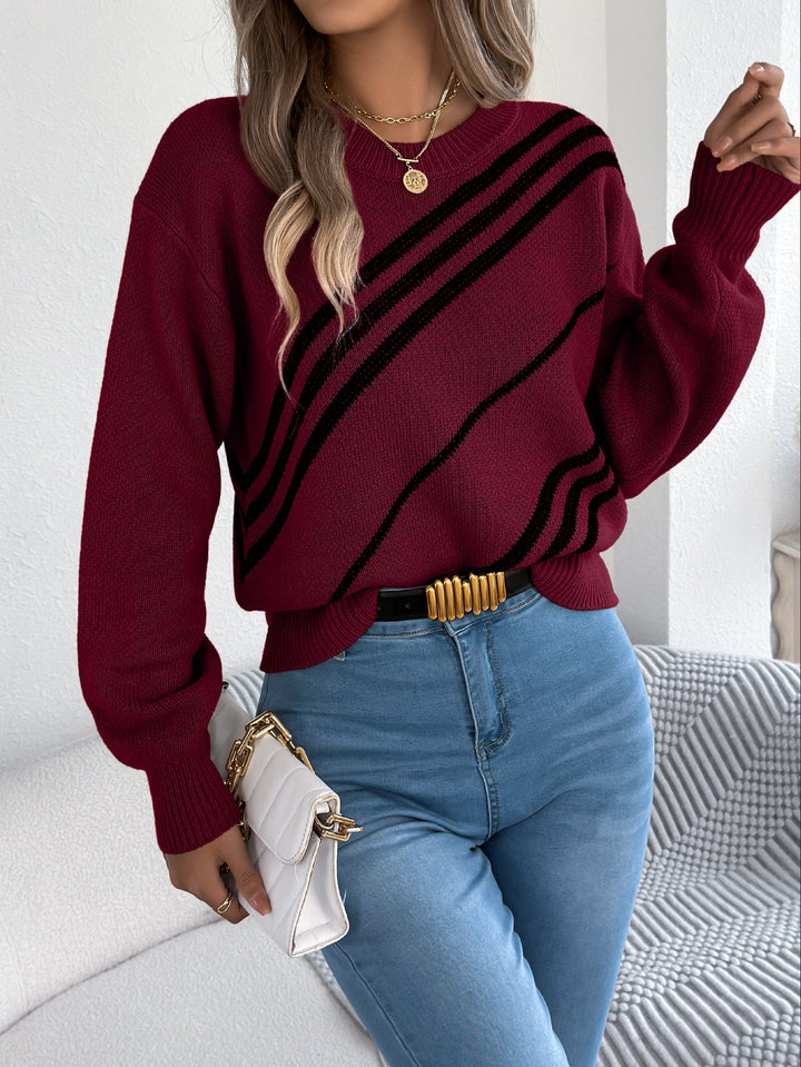 Damen Strickpullover mit Streifenmuster | Lässiger Pullover mit Rundhalsausschnitt, langen Ballonärmeln und bequemer Passform