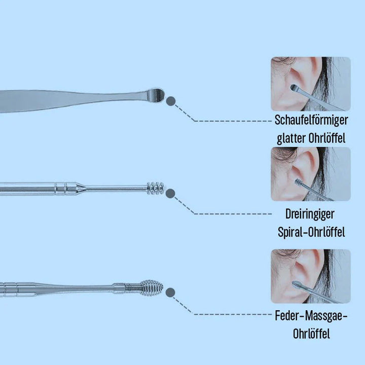 Set per la pulizia delle orecchie con aspirazione delicata | Set in acciaio inox 6 pezzi, 35 g | Vari accessori per adulti e bambini | Riutilizzabile