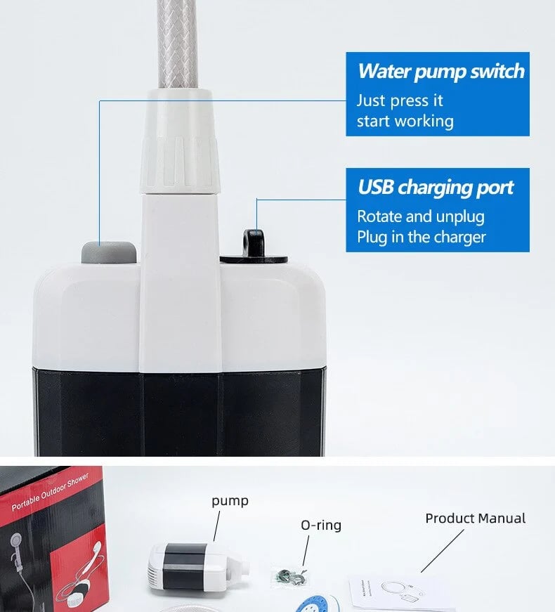 Kompakte Campingdusche mit Akku &amp; 1-Knopf-Bedienung | 4–5 L/min Wasserfluss | USB-aufladbar 2200 mAh | Für Camping, Auto &amp; Haustiere