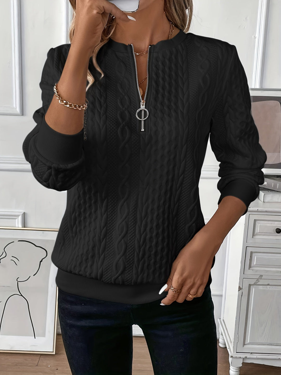 Damen Pullover mit halbem Reißverschluss | Weich &amp; warm für Herbst/Winter | Lockerer Schnitt mit Stehkragen | Farben Weiß/Schwarz/Grün