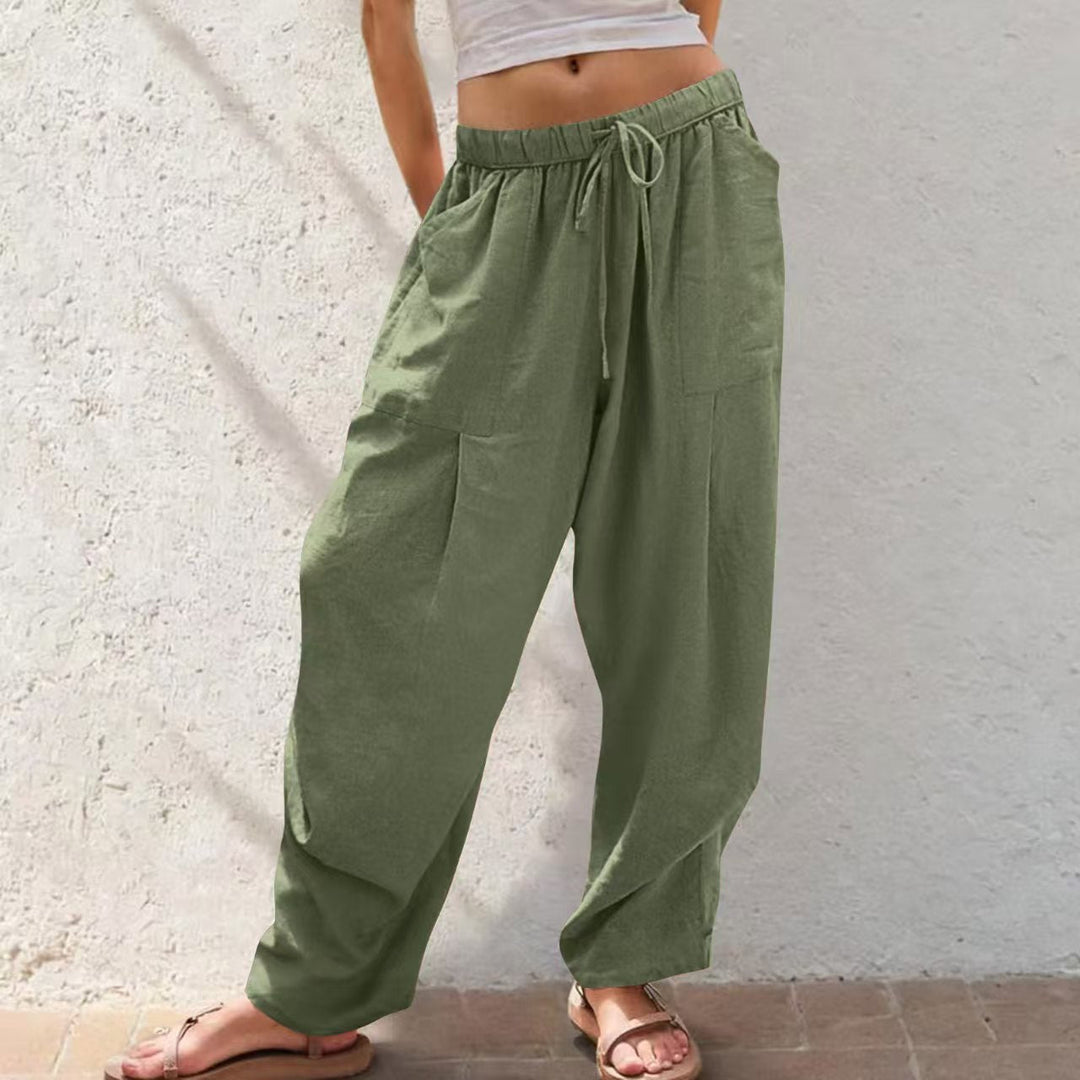 Damen Leinenhose mit Kordelzug aus Baumwoll-Leinen | Gerade Loungehose mit Taschen | Lockere Sommerhose für Alltag &amp; Freizeit
