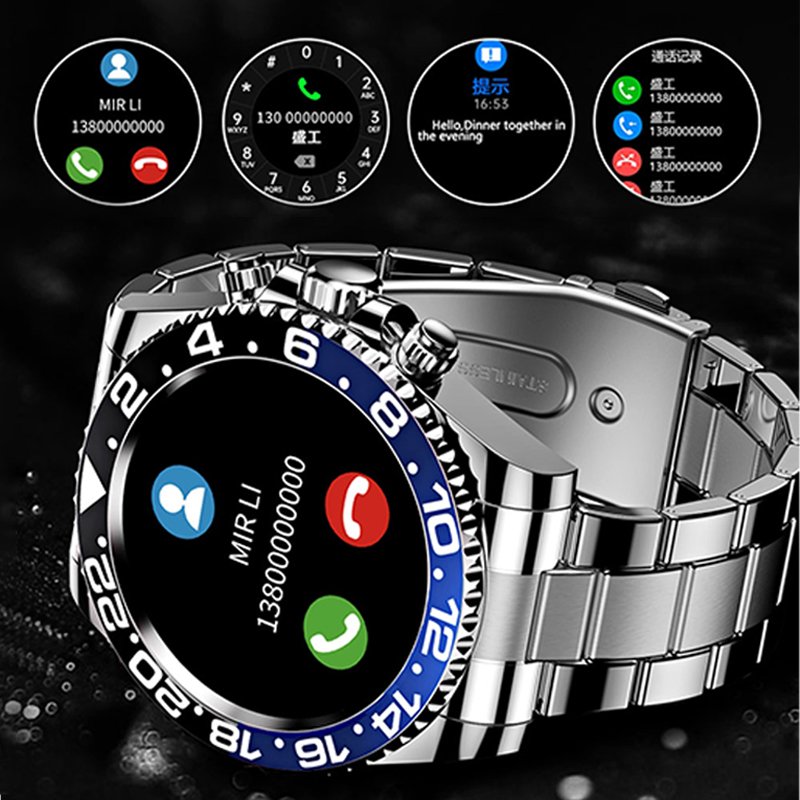 Montre connectée écran HD 1,28 pouce | Lunette rotative &amp; appels Bluetooth | Fréquence cardiaque, sommeil, modes sport, bracelet acier inoxydable