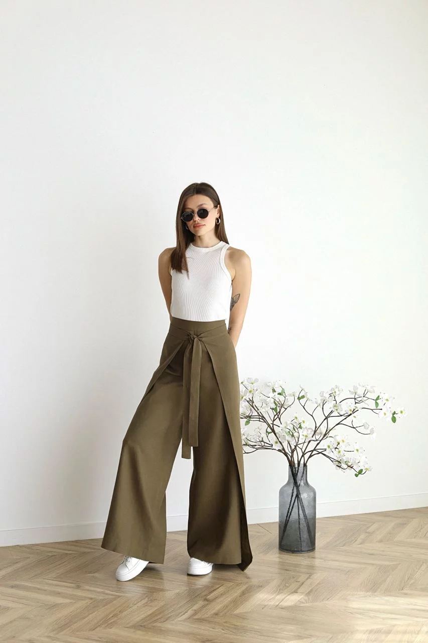 Pantalon en lin femme | Jambe large &amp; design portefeuille | Taille haute, confortable &amp; élégant pour quotidien &amp; occasions spéciales