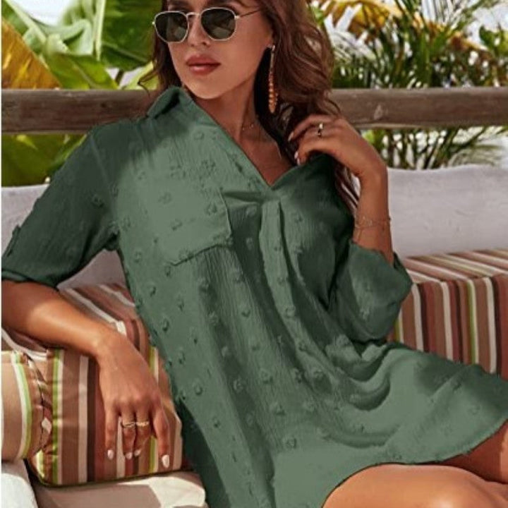 Damen Chiffonbluse mit Seitenschlitz | Lange Tunika mit Reißverschluss &amp; Stehkragen | Leichte Sommerbluse