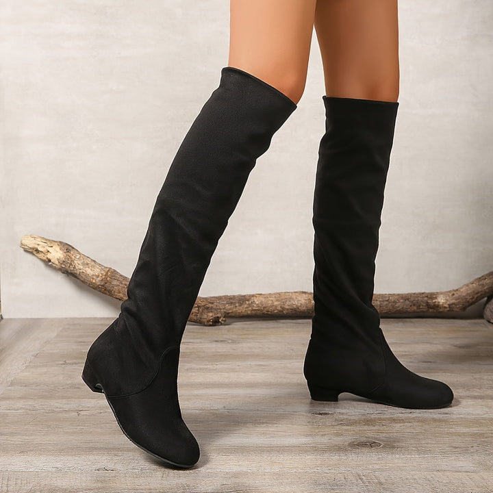 Damen Overknee Stiefel mit Blockabsatz | Hohe Schlupfstiefel mit rundem Zehenbereich und überkniehohem Schaft