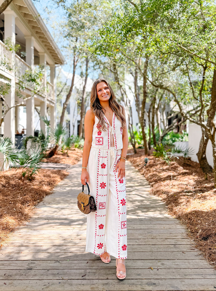 Damen Zweiteiler Leinen-Set mit Stickerei | Ärmellose Weste &amp; Weite Hose | Luftiges Sommer-Set | Boho Stil