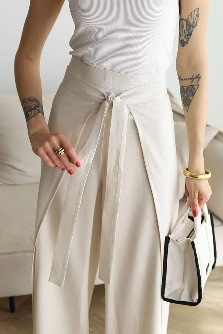 Pantalon en lin femme | Jambe large &amp; design portefeuille | Taille haute, confortable &amp; élégant pour quotidien &amp; occasions spéciales