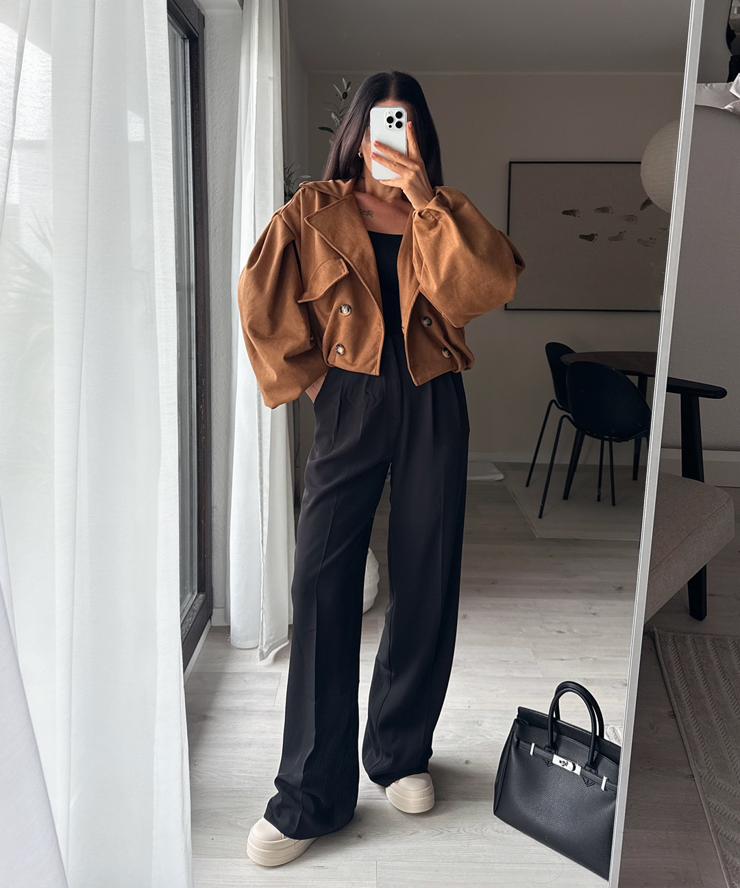 Damen Crop Trenchcoat | Kurzer Wildleder-Look Mantel mit modernem Schnitt
