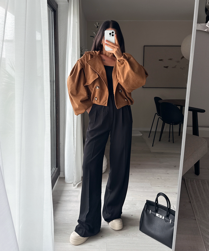 Damen Crop Trenchcoat | Kurzer Wildleder-Look Mantel mit modernem Schnitt
