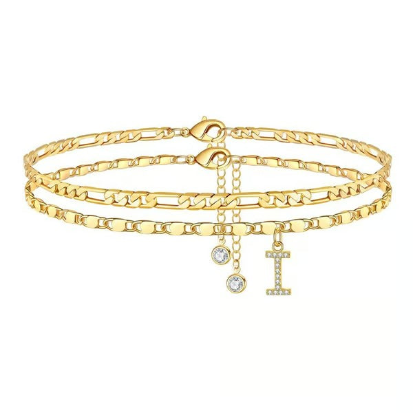 Chaîne de cheville lettres multicouches et réglable | Hypoallergénique, sans nickel ni plomb | Or/argent | 21,5 cm + 5 cm