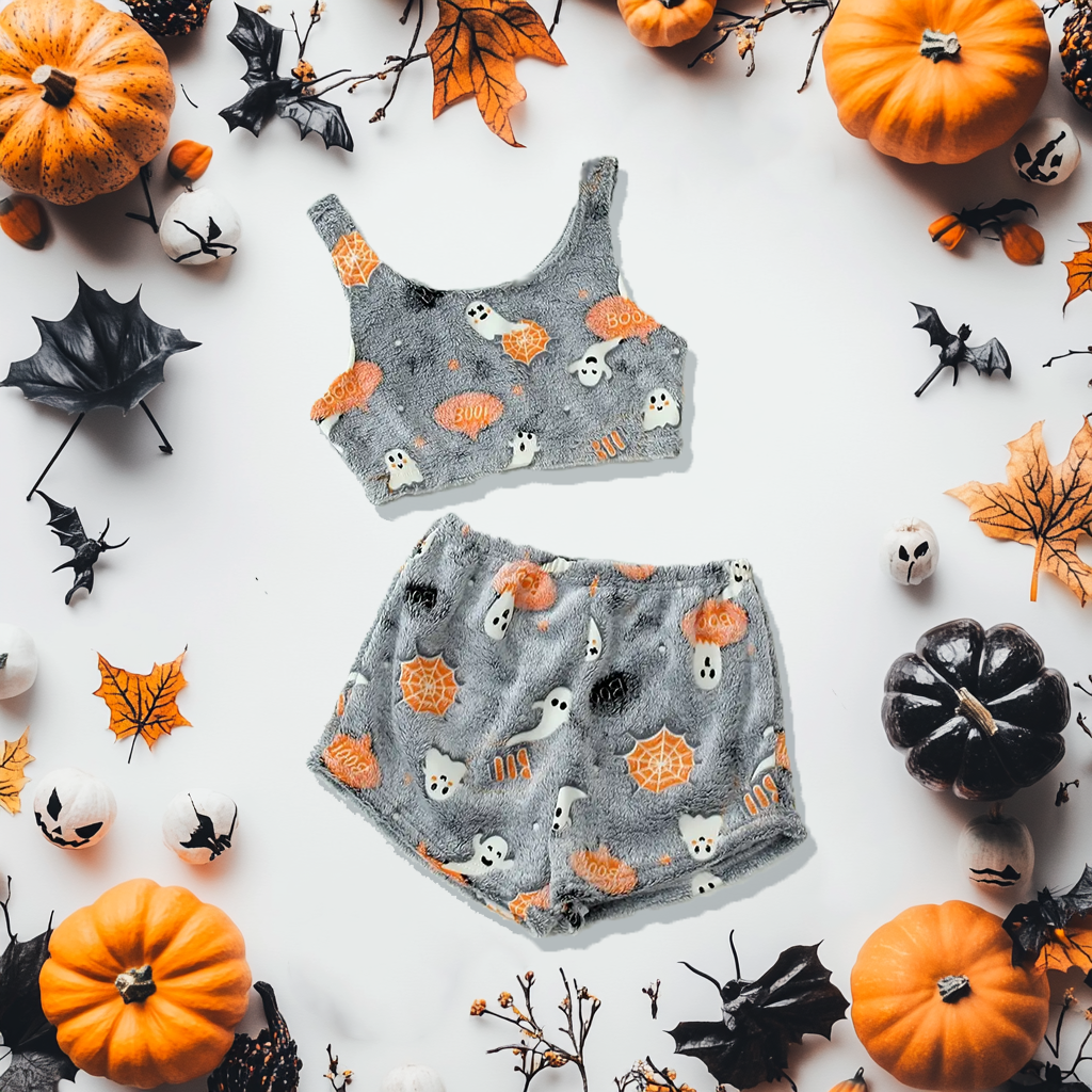 Dámska pyžamová súprava Halloween s potlačou duchov | dlhý rukáv + nohavice | teplá, mäkká a pohodlná na jesenné večery