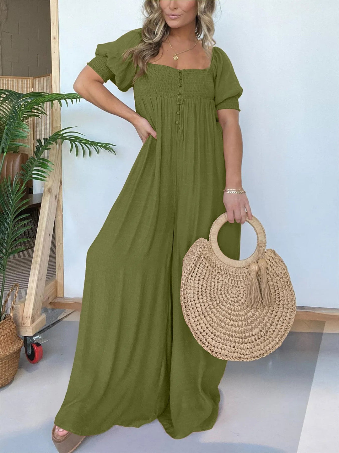Damen Jumpsuit mit quadratischem Ausschnitt | gesmocktes Oberteil &amp; Taschen | locker-lässig, Coco-Muster | ideal für Sommer &amp; Urlaub