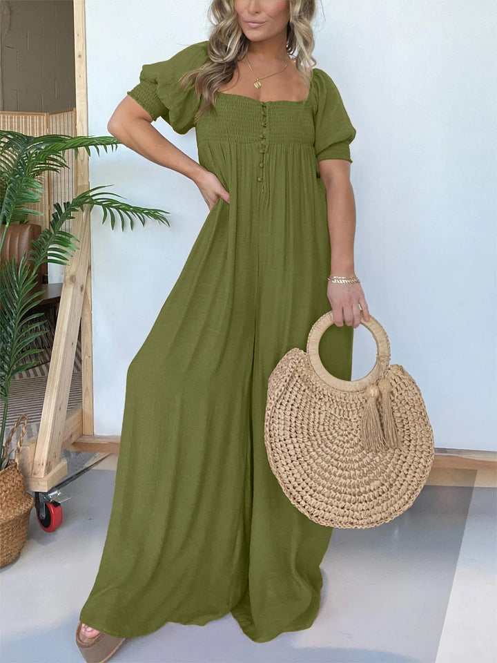 Damen Jumpsuit mit quadratischem Ausschnitt | gesmocktes Oberteil &amp; Taschen | locker-lässig, Coco-Muster | ideal für Sommer &amp; Urlaub