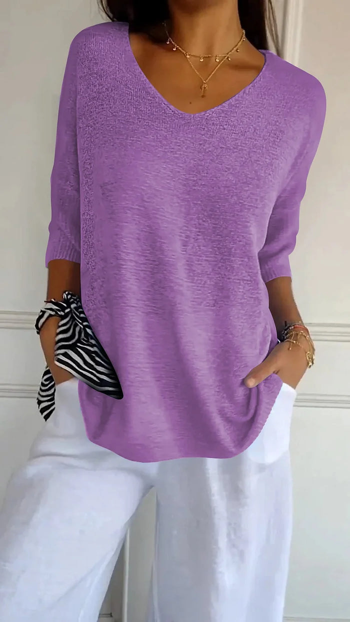 Top en maille à col en V pour femmes | Manches 3/4