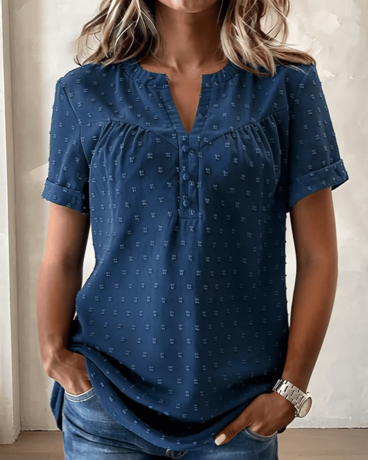 Damen Bluse mit V-Ausschnitt | Lockeres Kurzarm-Shirt aus Baumwollmischung | Leichte Sommerbluse für Alltag &amp; Freizeit