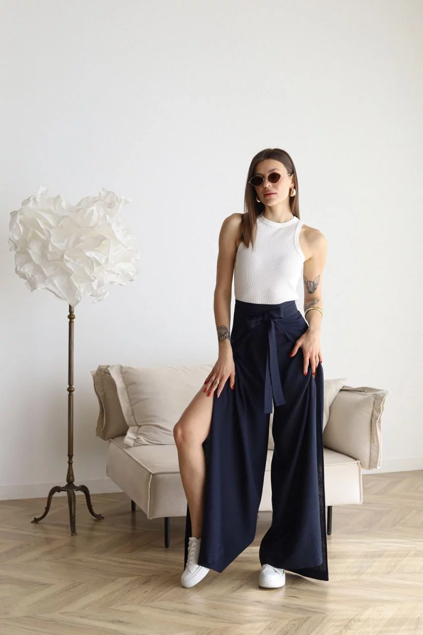 Pantalon en lin femme | Jambe large &amp; design portefeuille | Taille haute, confortable &amp; élégant pour quotidien &amp; occasions spéciales