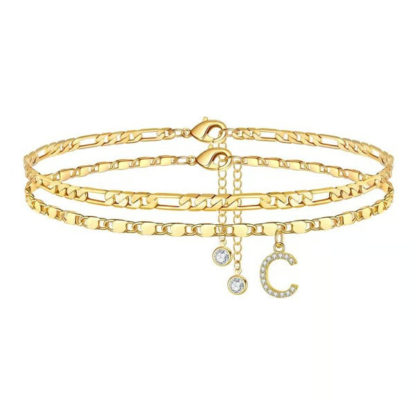 Chaîne de cheville lettres multicouches et réglable | Hypoallergénique, sans nickel ni plomb | Or/argent | 21,5 cm + 5 cm
