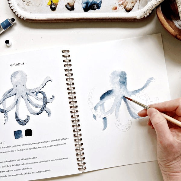 Cahier de travail aquarelle pour débutants | 12 motifs avec guide étape par étape | Papier 120 lb, 6,5"×9", mélange et peinture