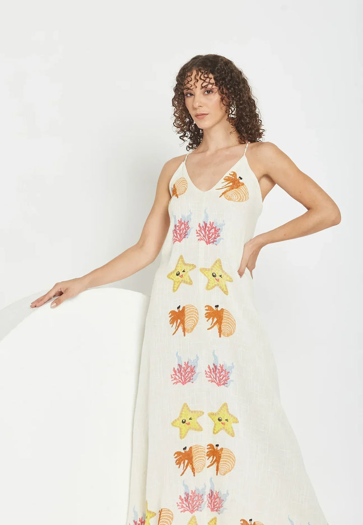 Damen Maxikleid mit Meeresstickerei | Coral Coast Sommerkleid | Leichtes Strandkleid | Luftig &amp; Fließend
