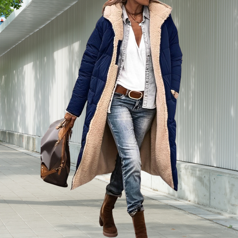 Damen Winterjacke lang mit Kapuze | Wattierte lange Jacke mit Reißverschluss und Seitentaschen für Alltag und kalte Tage