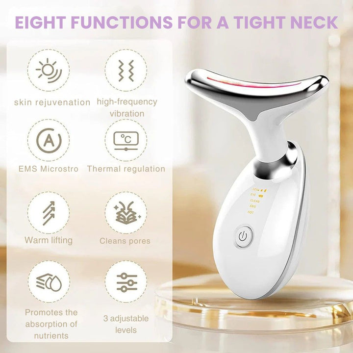 Anti-Falten Nacken- &amp; Gesichtsmassagegerät | Ionenreinigung, Vibration &amp; Wärme | LED Rot/Blau/Grün | USB-aufladbar
