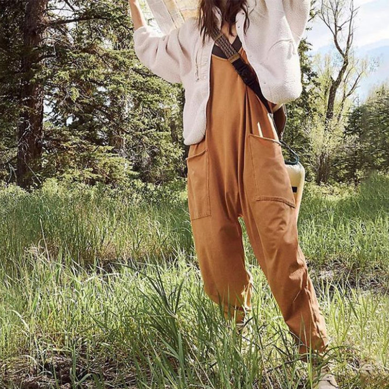 Damen Jumpsuit V-Ausschnitt mit Taschen | Lockerer, leichter Overall einfarbig | Alltag, Urlaub &amp; City | Gr. S–4XL