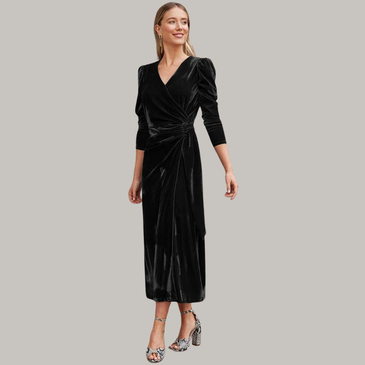 Midi-langes Wickelkleid aus Samt mit Puffärmeln