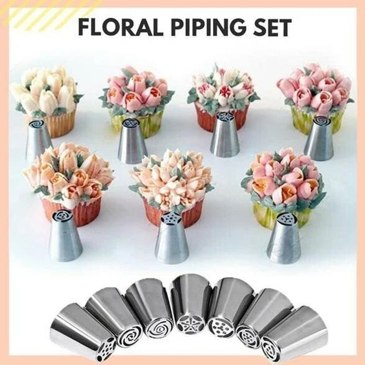 Spritztüllen-Set für Tortendekoration | 7 Edelstahl-Blumentüllen für Buttercreme &amp; Frosting | Perfekte Blumen in Sekunden