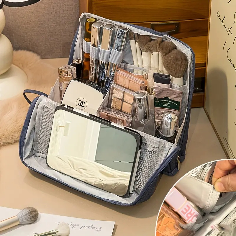 Trousse de toilette de voyage avec compartiments fixes + protège-brosse | Lunette déperlante, intérieur lavable et étanche | Renforcée et plate dans la valise | 23×7×20 cm