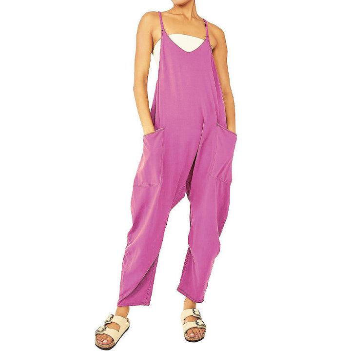Damen Jumpsuit V-Ausschnitt mit Taschen | Lockerer, leichter Overall einfarbig | Alltag, Urlaub &amp; City | Gr. S–4XL