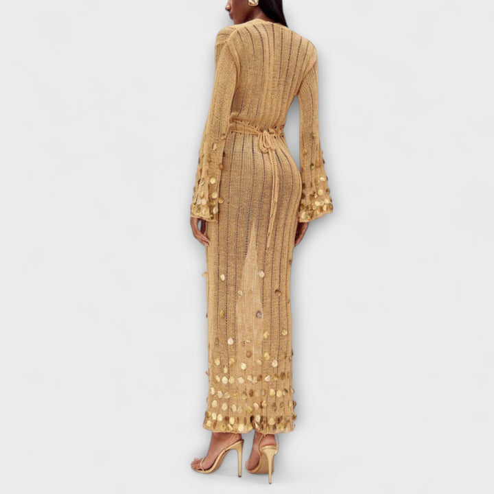 Damen Strick Maxikleid in Gold | Elegantes langes Kleid mit tiefem Ausschnitt, verstellbarer Taille und Paillettenärmeln für festliche Anlässe