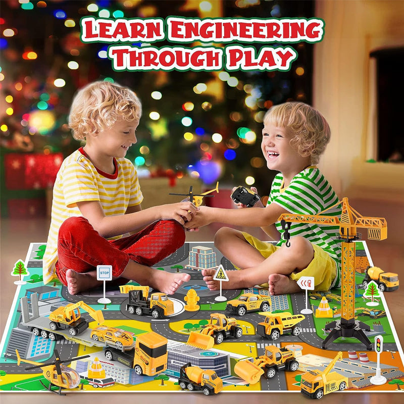 Baustellen Adventskalender für Kinder mit Baufahrzeugen | Weihnachtskalender mit Kran, Verkehrsschildern und Spielbrett aus Kunststoff