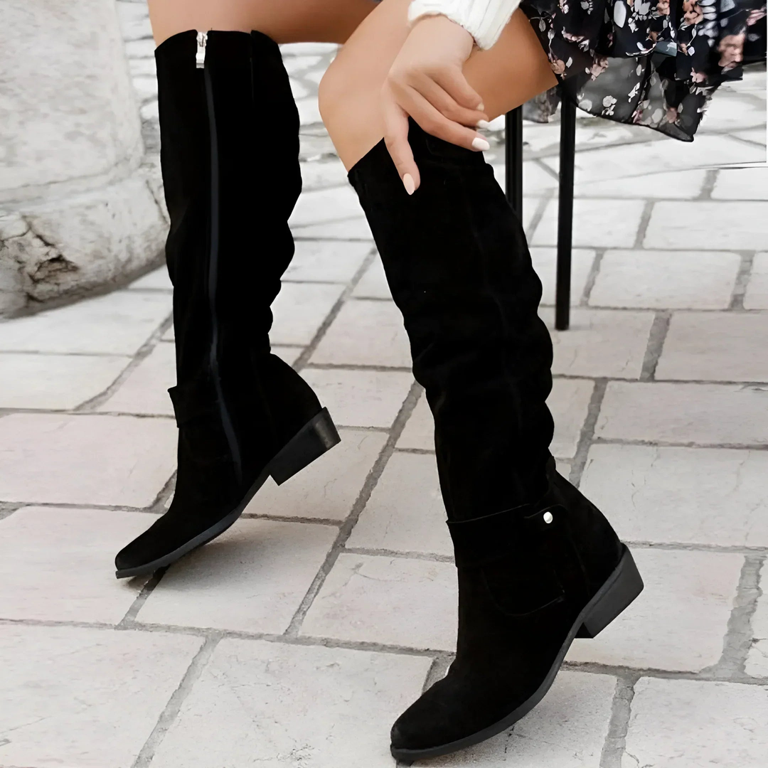 Damen Wildlederstiefel kniehoch | Echtes Wildleder, 6,5 cm Blockabsatz, Reißverschluss und rutschfeste Sohle | EU 35–43