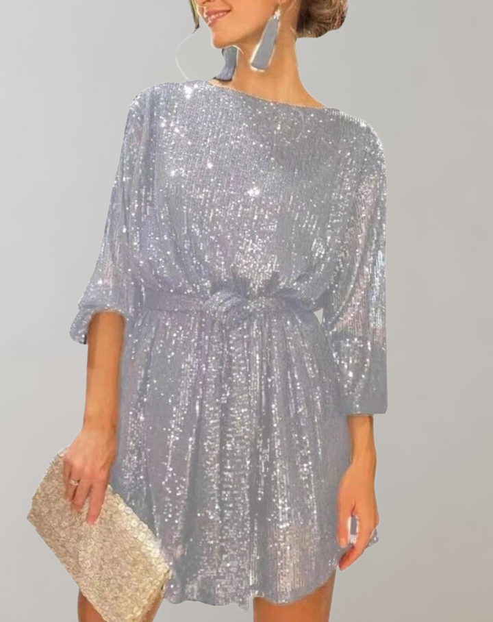 Damen Paillettenkleid | Glitzerndes Abendkleid mit Puffärmeln, Taillengürtel und figurbetontem Schnitt für festliche Feiern