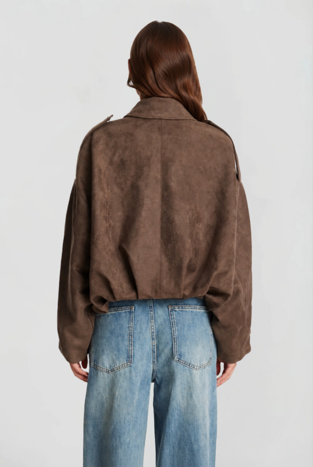 Damen kurze Oversize-Jacke mit Umlegekragen | Kastige Jacke mit Reißverschluss, weiten Ärmeln und matt gebürsteter Oberfläche