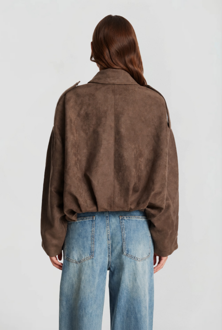 Damen kurze Oversize-Jacke mit Umlegekragen | Kastige Jacke mit Reißverschluss, weiten Ärmeln und matt gebürsteter Oberfläche