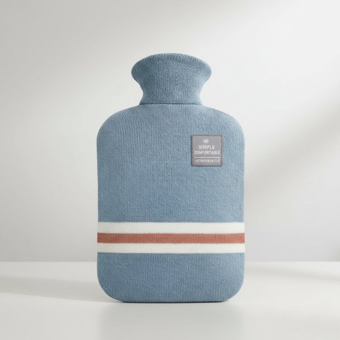 Wärmflasche 2 Liter mit Strickbezug | 25,5 × 15,5 cm Wärmflasche aus PVC mit 6–8 Std. Wärmespeicherung und großer Öffnung