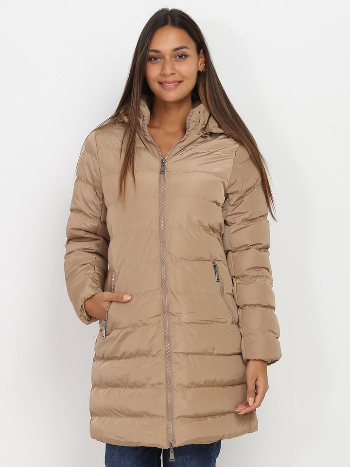 Damen Daunen Winterjacke mit Kapuze | Langer Schnitt mit durchgehendem Reißverschluss für vielseitige Winterlooks