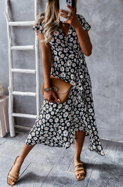 Damen Midikleid mit Gänseblümchenmuster | A-Linie &amp; herzförmiger Ausschnitt | Leichtes Material für Sommer &amp; Events