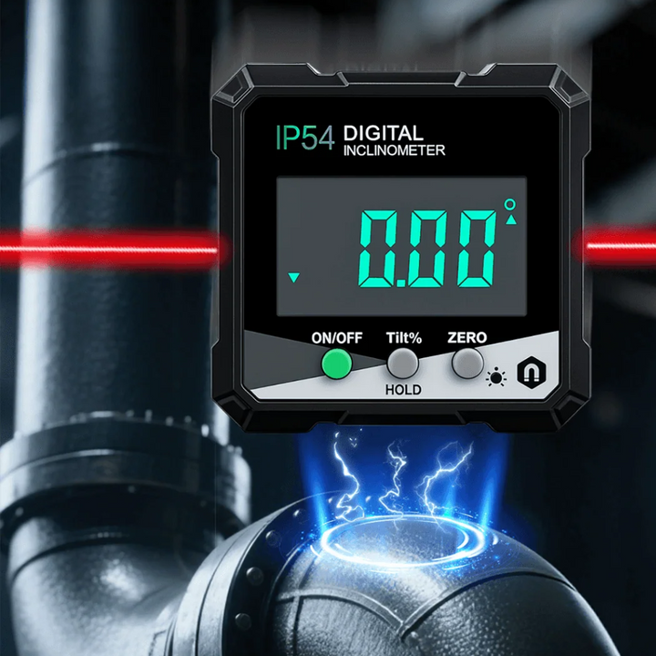 Digital angle meter with laser and magnetic base | ±0.2° accuracy | Rotatable LCD | USB-C rechargeable | IP54